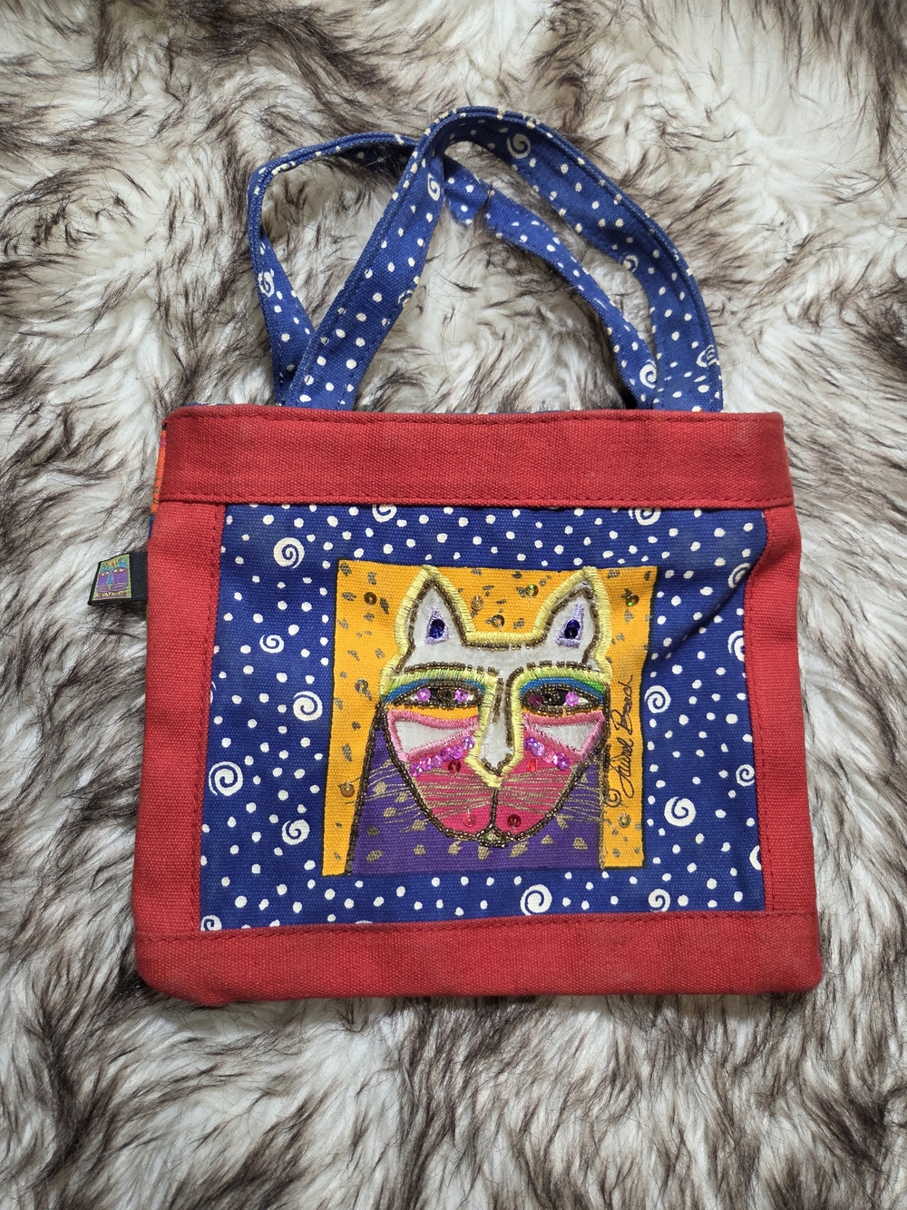 Vintage Laurel Burch cat print shoulder tote